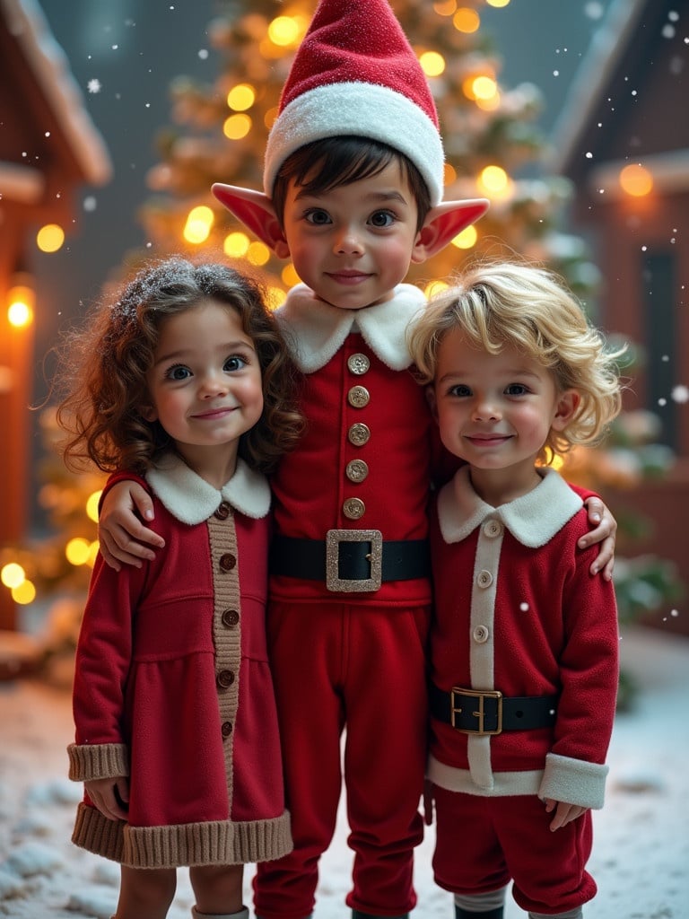 Children stand together in Christmas outfits. One child dresses like an elf. Background filled with Christmas decorations. Snow on the ground and lights twinkling.