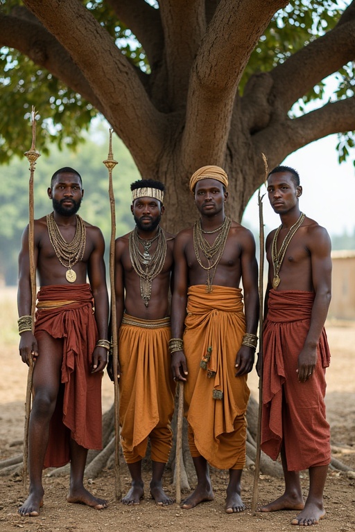 A group of four men stands under a large tree. Each man wears traditional attire. They hold sticks. The setting appears rural. Natural lighting highlights earthy tones. Expressions are calm yet determined.