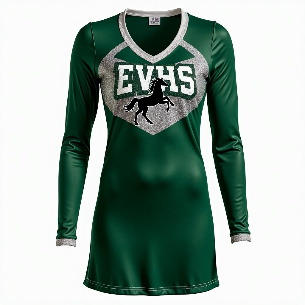 A sparkling emerald green, silver, and black high school cheerleading uniform featuring letters "EVHS" in Jersey M54 font and a black stallion emblem.