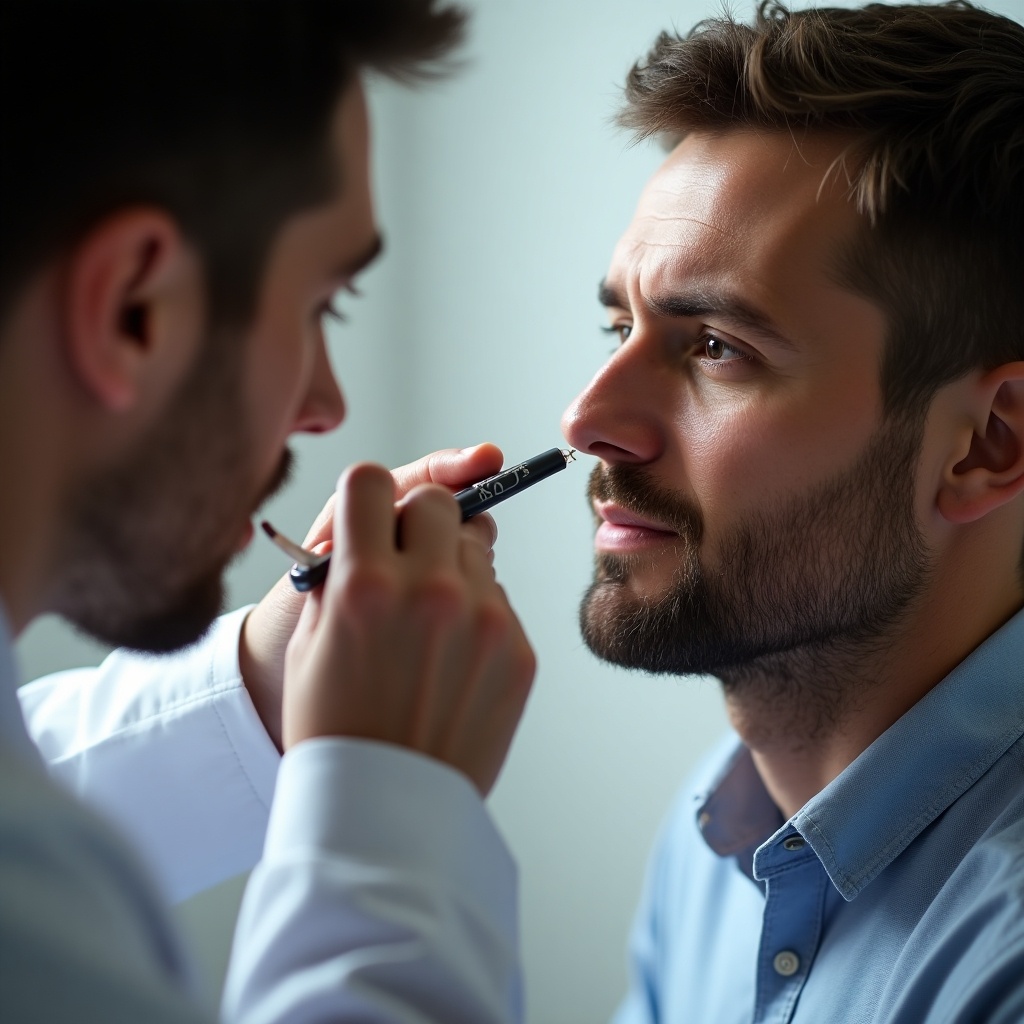 Doctor examines man's nostril with medical instrument. Doctor focused and attentive. Man shows trust and concern. Soft lighting enhances calm ambiance in clinical setting.