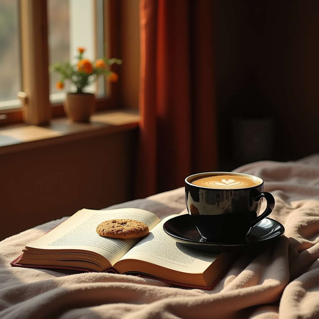 A cozy scene featuring a book with a cookie on top beside a cup of coffee with latte art, set on a bed near a sunny window with orange curtains and a potted plant.