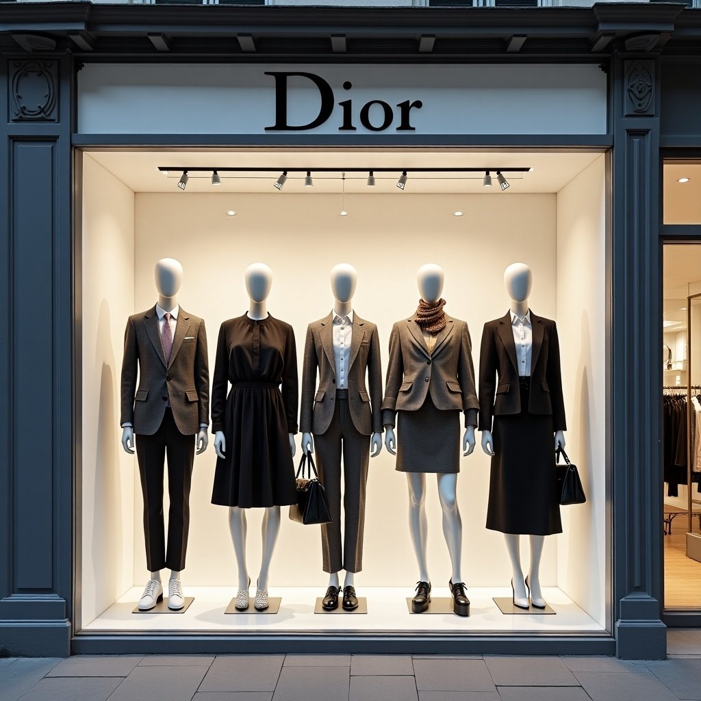 Stylish fashion store window features elegant clothing under the Dior brand logo. Display showcases a variety of outfits on mannequins. Clean modern design highlights high-end fashion collection. Mannequins dressed in stylish combinations appealing to sophisticated audience. Window set against chic city street enhancing luxurious Dior brand feel.