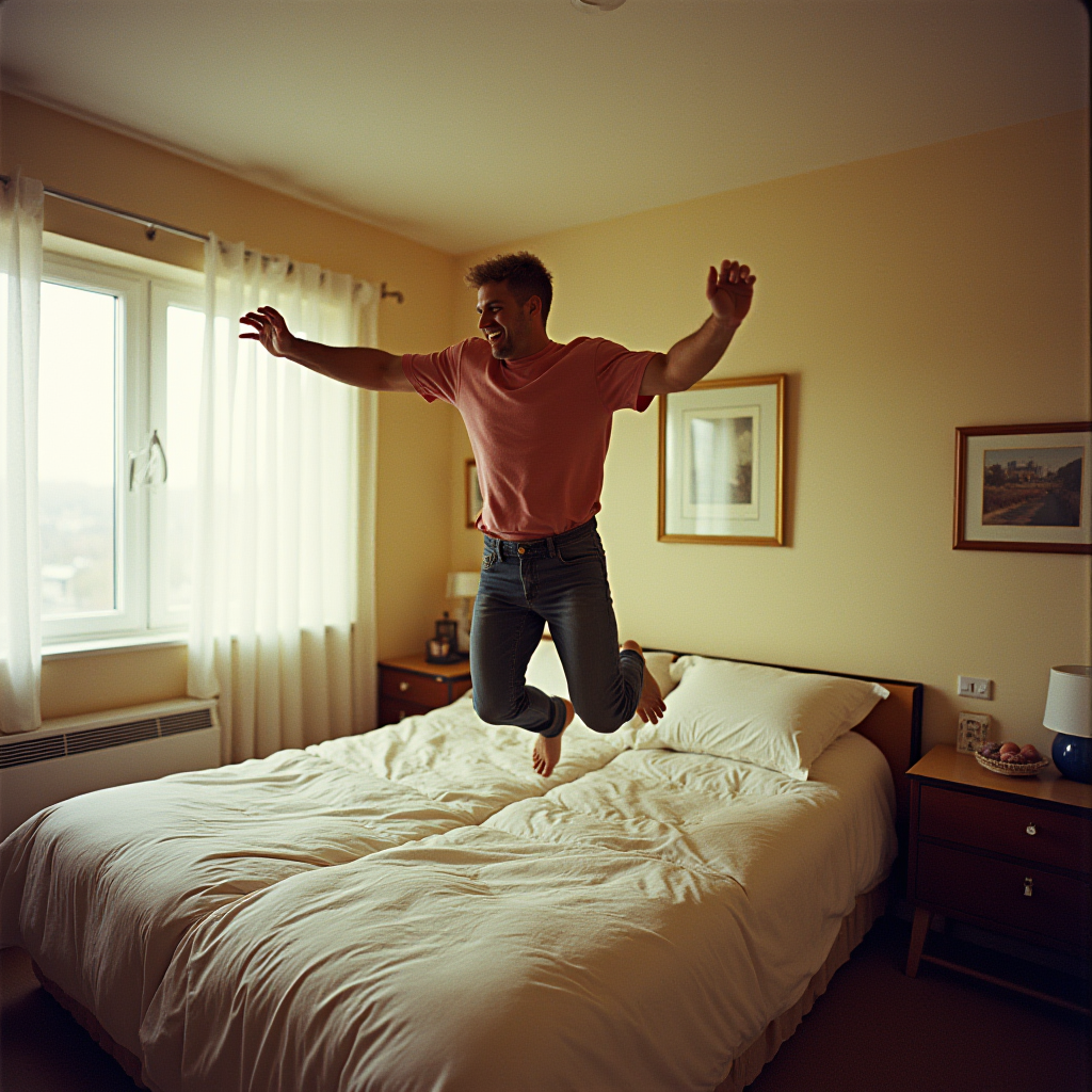 A person energetically jumping on a bed in a cozy room.