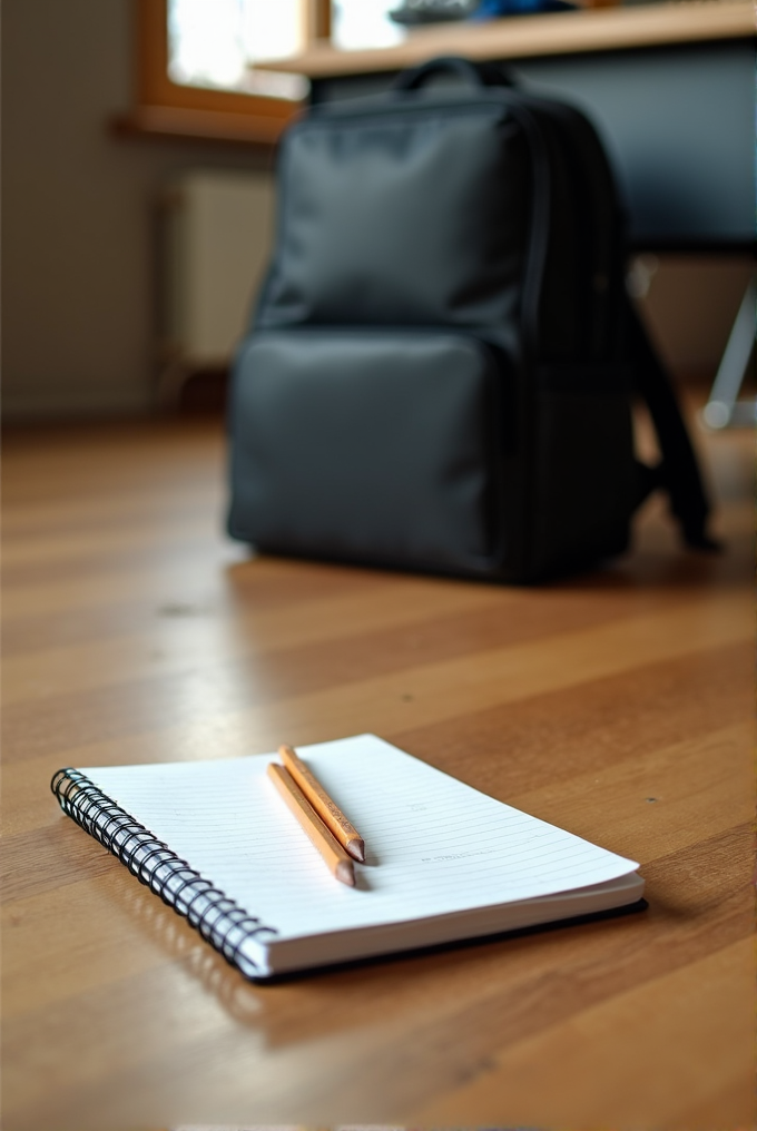 A notebook with a pencil rests on a wooden floor in focus, with a black backpack blurred in the background.