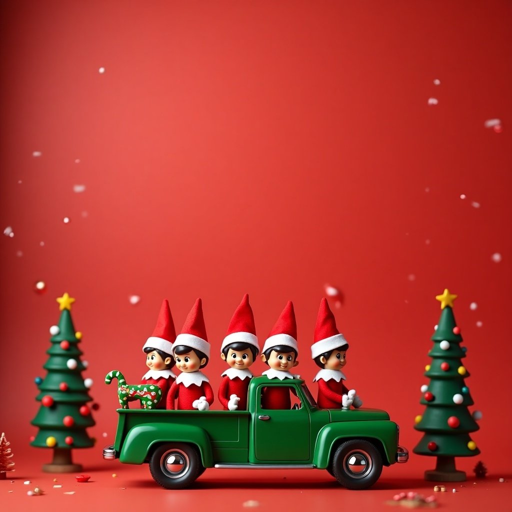 Playful holiday scene features a green toy truck with Elf on the Shelf characters celebrating Christmas. Background is bright red with trees and festive elements. Space for urban toy drive promotion.