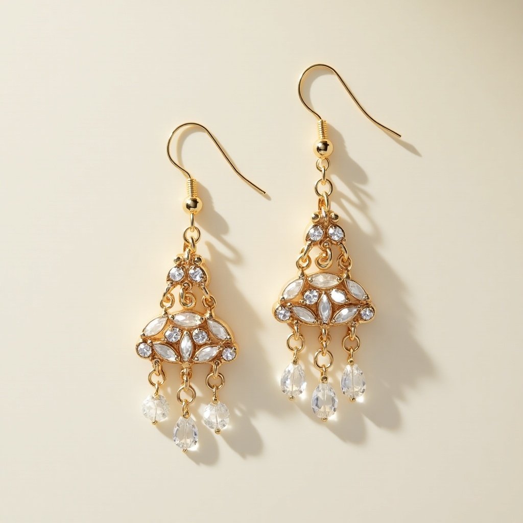 Intricate golden earrings with crystals and dangling elements. Designed to catch light. Appears elegant and fashionable.