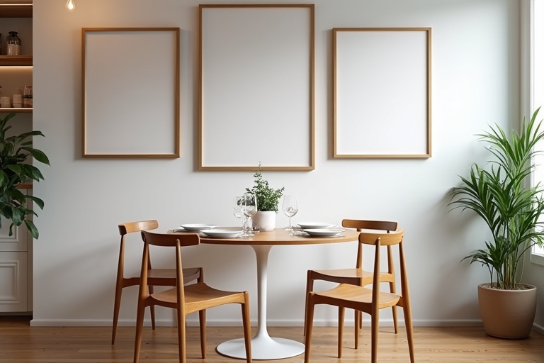 Wide shot of cozy modern traditional coffee shop interior with empty art frames on the wall. Round wooden table set for two with white plates and glasses. Small plant on the table surrounded by four minimalist wooden chairs. Wooden floor adds elegance. Hint of more cafe ambiance and plants seen in background.