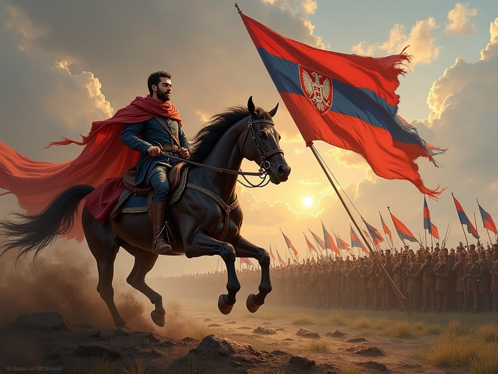 A heroic figure on horseback holding a large Serbian flag rides through a battlefield. A crowd of soldiers stands in the background. The scene is set during sunset with dramatic clouds. The flag symbolizes national pride.