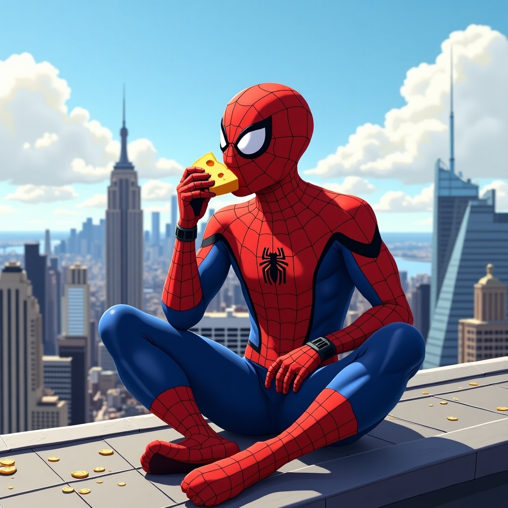 An animated image of Spider-Man sitting on a high ledge in New York City, enjoying a slice of cheddar cheese. The skyscrapers loom in the background, with the Empire State Building prominently featured. The art is brightly colored and cartoonish, depicting Spider-Man in his classic red and blue costume. His facial expression shows delight while he takes a bite of the cheese. The sky is clear with a few fluffy clouds, enhancing the cheerful atmosphere. This whimsical scene combines elements of comedy with the iconic superhero theme.