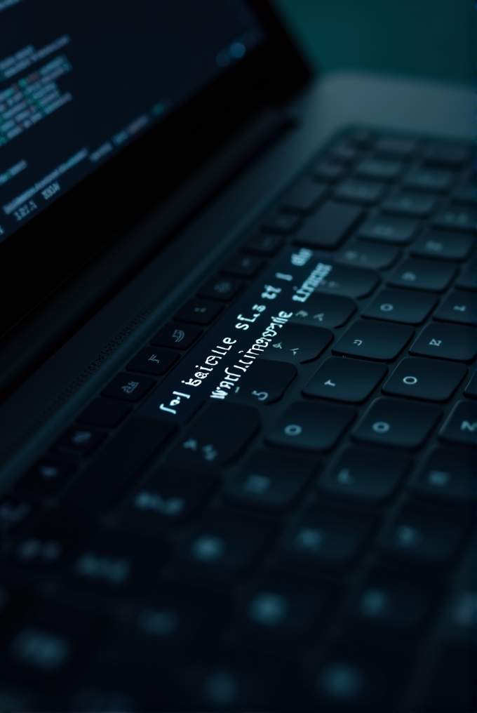 A close-up view of a laptop keyboard with glowing text on the screen, suggesting a programming or coding theme.