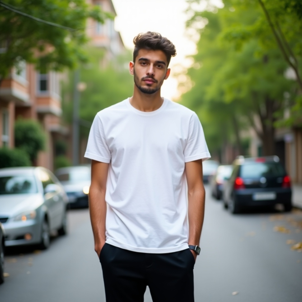 Young man standing confidently on a quiet urban street wearing a simple white t-shirt and black pants. Scene set in residential area with greenery and parked cars. Soft daylight casts gentle glow highlighting relaxed demeanor. Background slightly blurred emphasizing subject. Captures modern lifestyle in city.