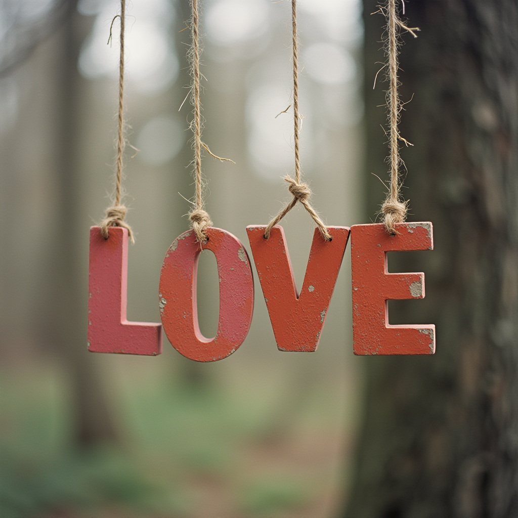 The image features the word 'LOVE' composed of separate, bold letters hanging in a forest setting. Each letter is painted in a worn-out, rustic red and is suspended by individual pieces of twine tied around the top. The background shows a forest environment with blurred trees, suggesting a serene natural setting. The letters stand out against the muted tones of the forest, creating a focal point with an artistic and romantic vibe.