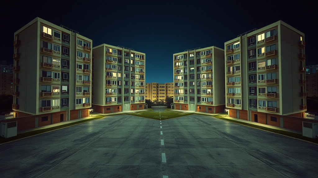 A symmetrical view of two apartment buildings at night, with illuminated windows and a wide, empty street between them.