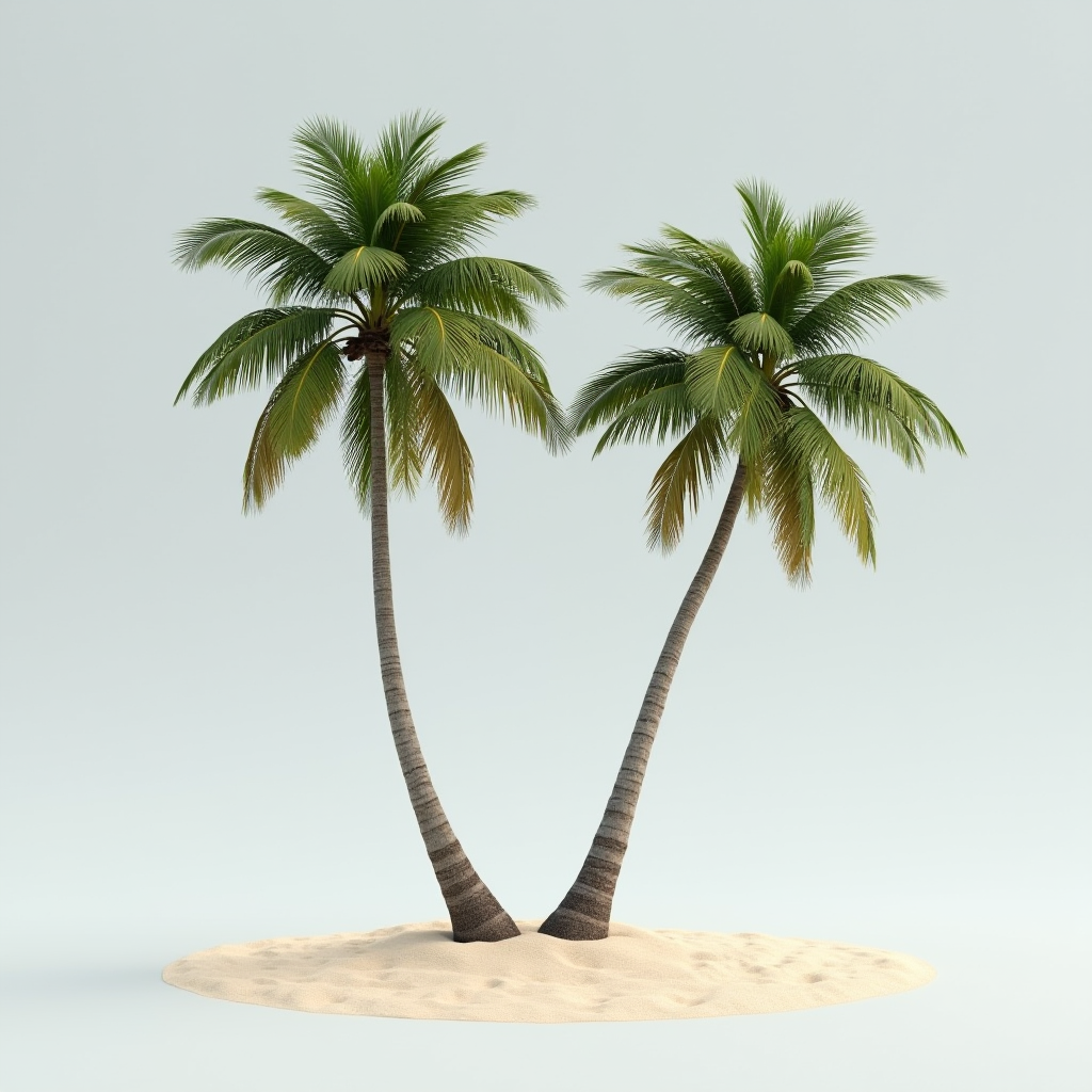 Two tall, graceful palm trees with lush green fronds stand closely together on a small patch of golden sand against a plain background.