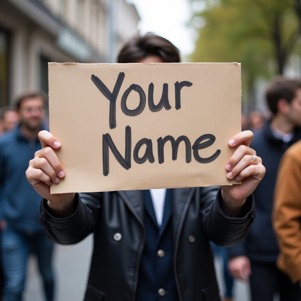 A person is holding a sign with 'Your Name' on it. The background shows a crowd. The focus is on the sign and the individual. The setting appears to be an outdoor event or demonstration.