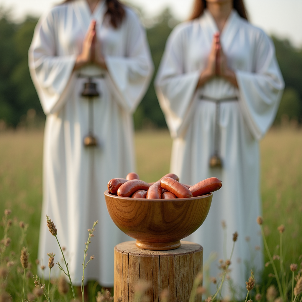 Two people in white robes stand with hands clasped, behind a wooden bowl full of sausages on a stump in a grassy field.