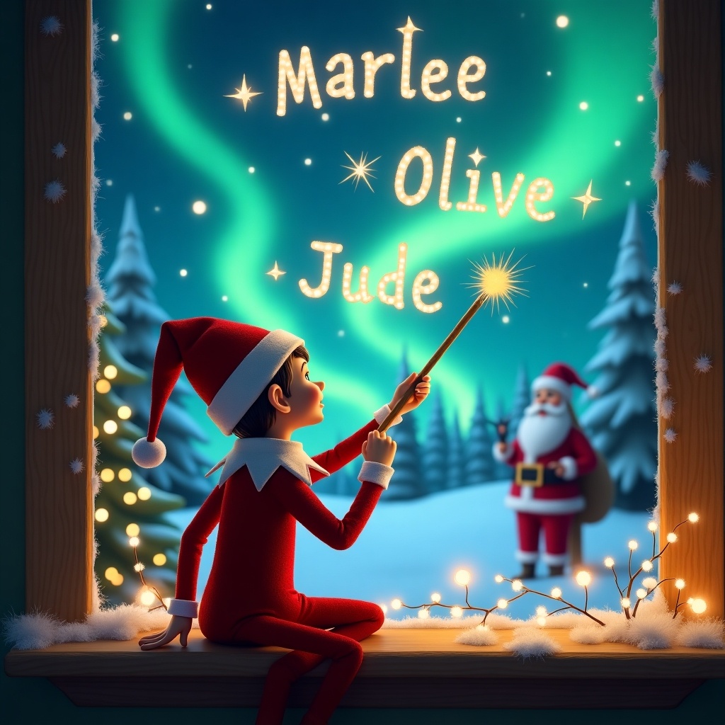 Elf on the shelf writing names in the sky with a magic wand. Background features northern lights and Santa. Magical Christmas setting.