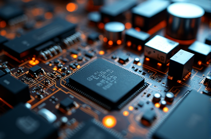 A close-up view of an illuminated circuit board with glowing amber lights highlighting various chips and electronic components.