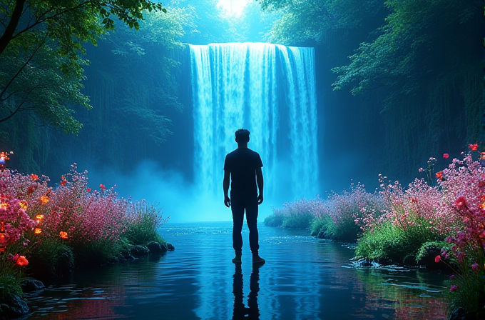 A lone figure stands facing a majestic waterfall, surrounded by lush greenery and vibrant pink flowers.