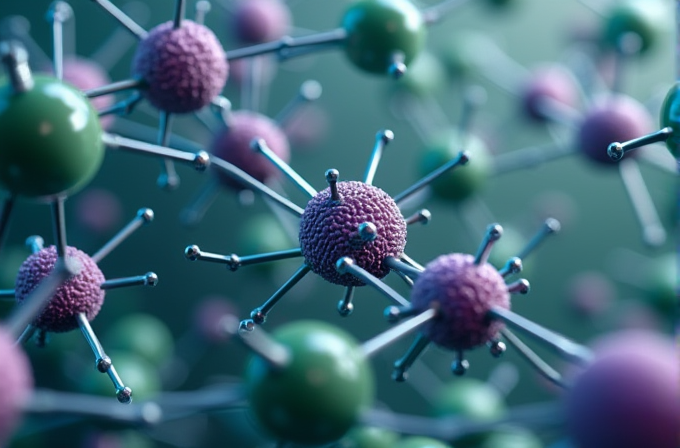 The image shows abstract representations of viruses with spherical structures and protruding spikes.