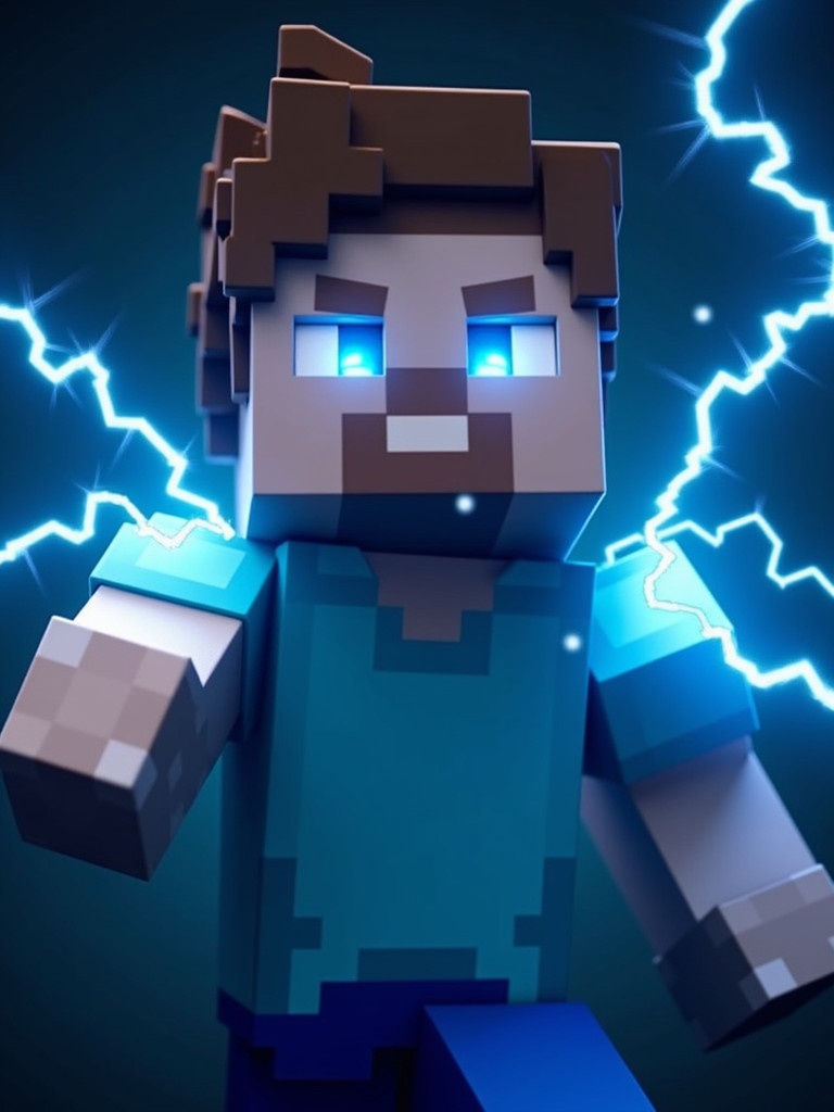 Image of Minecraft character Steve in dynamic pose. Blue shirt, dark background. Electric blue light from eyes. Surrounding bolts of electricity. Blocky style, vibrant depiction. Energetic and powerful feel.