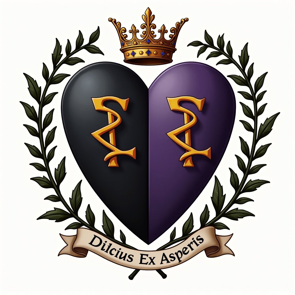 Heart-shaped shield in heraldic design with left charge black and right charge dark purple. Gold coronet sits atop the heart. Vines encircle the shield with a decorative ribbon underneath. Motto reads Dulcius Ex Asperis.