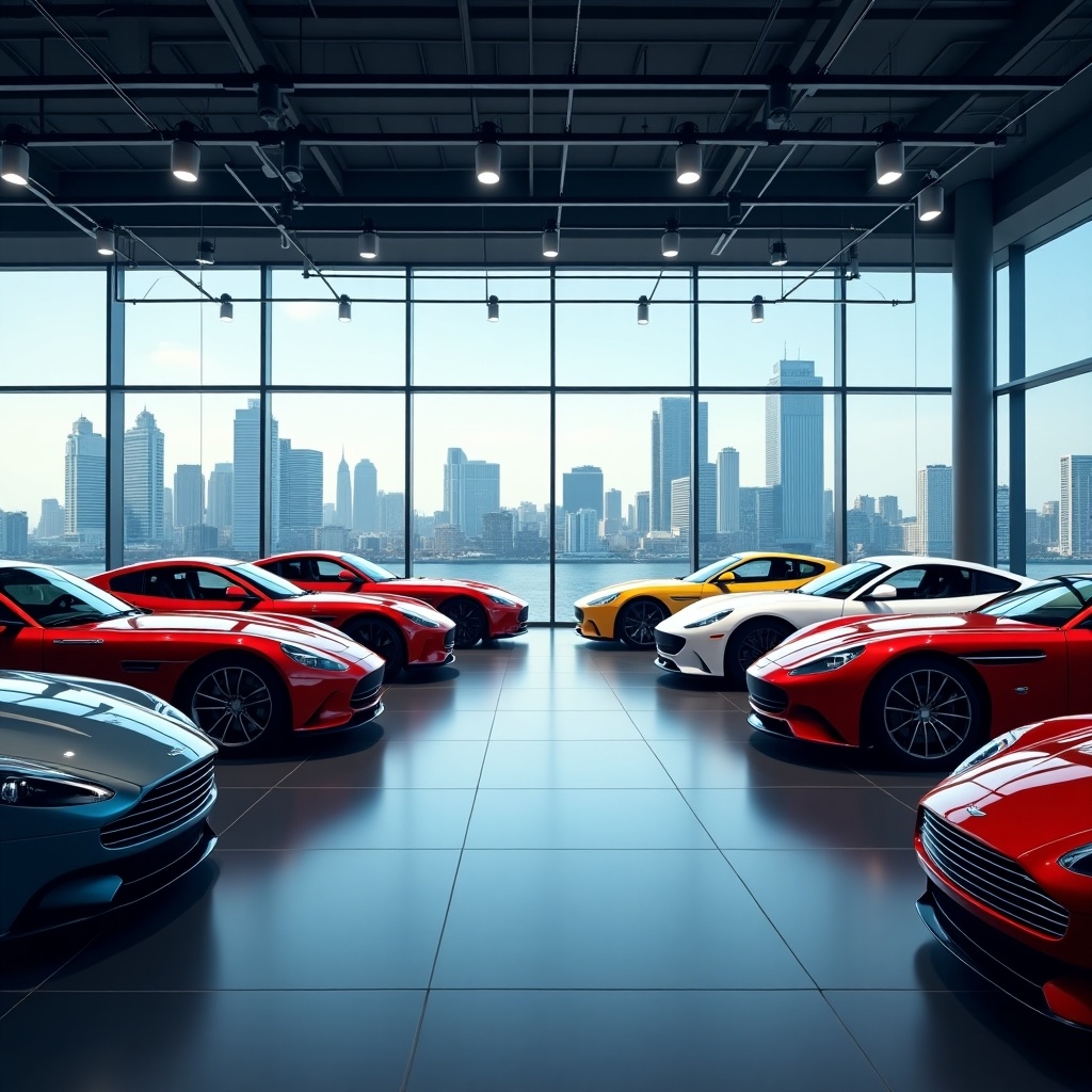 Car showroom featuring luxury sports cars against a city skyline. Windows provide natural lighting. Sleek design with multiple car models on display in a modern setting.