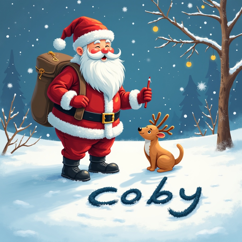 The image depicts Santa Claus dressed in his traditional red suit with a fluffy white beard. He is standing in a snowy landscape, joyfully drawing the name 'Coby' in the snow with a red marker. Beside him, a cheerful little reindeer is looking up at him. The background features snow-covered trees and falling snowflakes, creating a magical winter atmosphere. Soft yellow lights hang from the branches, adding to the festive vibe. This scene captures the joy and charm of the holiday season.