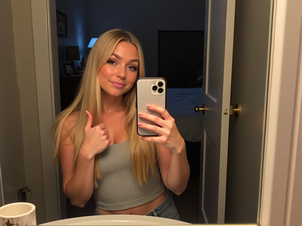 A young woman takes a selfie in her bathroom at night. She has long, straight blonde hair and is smiling while giving a thumbs-up. The bathroom has simple decor, with an open door leading to a dark bedroom. The lighting creates a soft glow on her face. The atmosphere feels casual and playful, highlighting her confidence and joy in the moment.