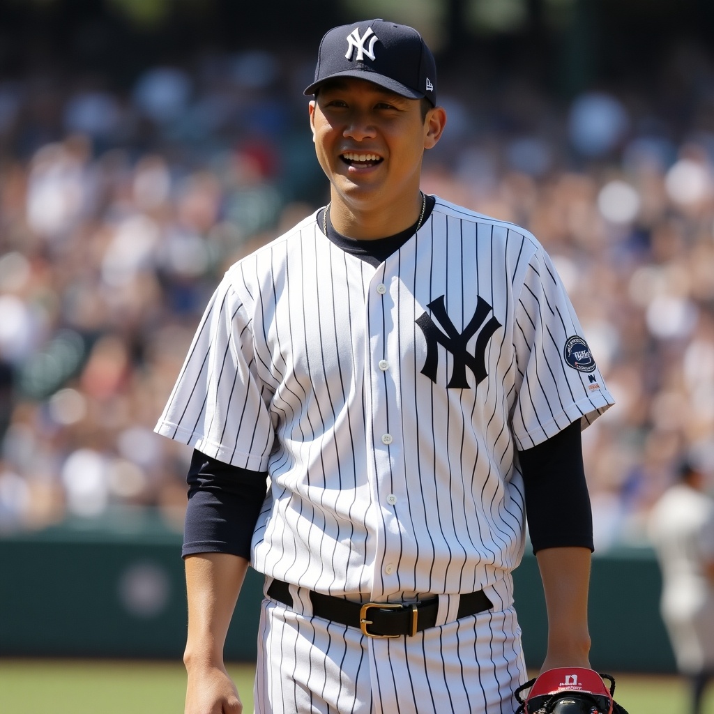 Athlete wears New York Yankees jersey. Player stands on field. Intense focus observed. Bright daylight conditions evident.