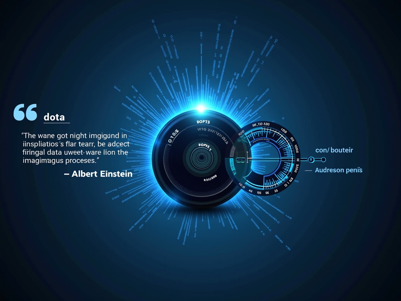 The image features a futuristic design with a central spherical object that resembles a lens or camera. Surrounding this object are various digital elements, including binary codes and numbers displayed on a blue background. A circular gauge appears next to the sphere, marked with numerical values, suggesting data analysis or a holographic display. An inspirational quote by Albert Einstein is included, emphasizing the importance of imagination. The overall aesthetic blends technology and abstract art, creating a sense of digital innovation and exploration.