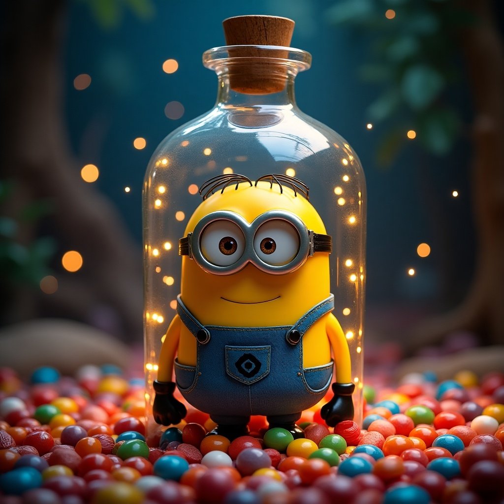 A Minion isolated in a glass bottle surrounded by colorful candies.