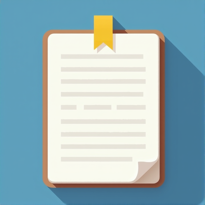 A minimalist illustration depicting a clipboard with a document attached, featuring a yellow bookmark on a blue background.