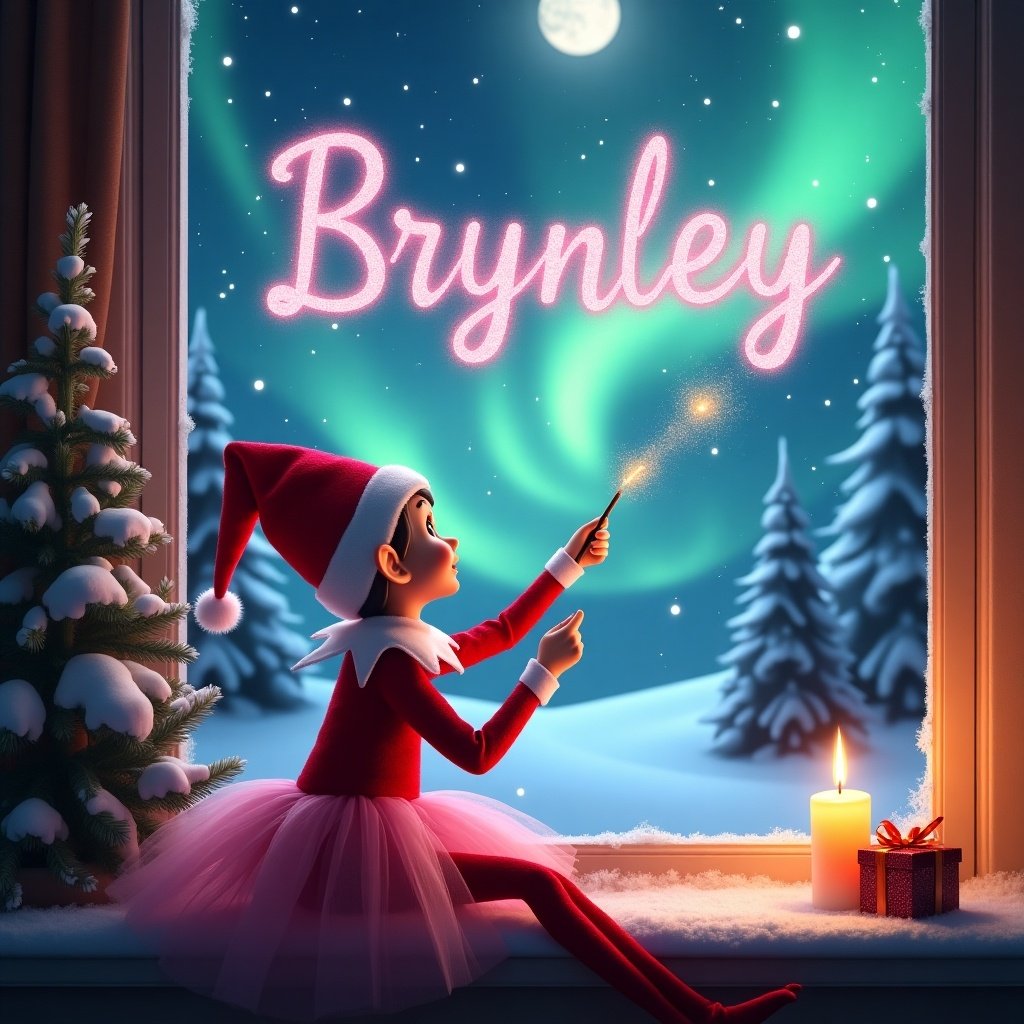 In this enchanting scene, an Elf on the Shelf in a pink poofy dress gazes at a spectacular night sky filled with sparkling stars and a bright moon. With a magical wand, the elf writes 'Brynley' in the air, surrounded by a swirl of pink glitter. The cozy setting features a snowy window with evergreen trees in the background, creating a winter wonderland vibe. A warm candle flickers on the windowsill, complemented by a gift, enhancing the festive cheer. This magical moment captures the essence of Christmas wonder.