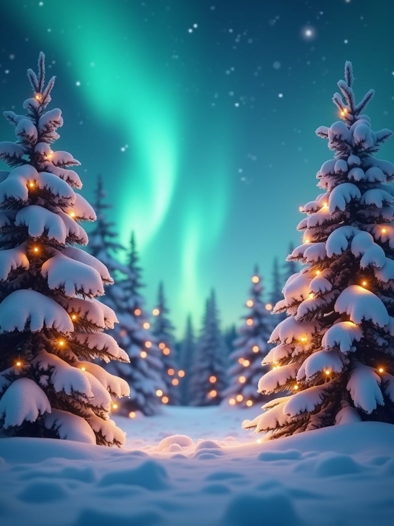 Winter Christmas background with northern lights. Snow-covered trees with warm glowing lights. Soft snow on the ground creates a magical atmosphere. Blurred background enhances the inviting scene.