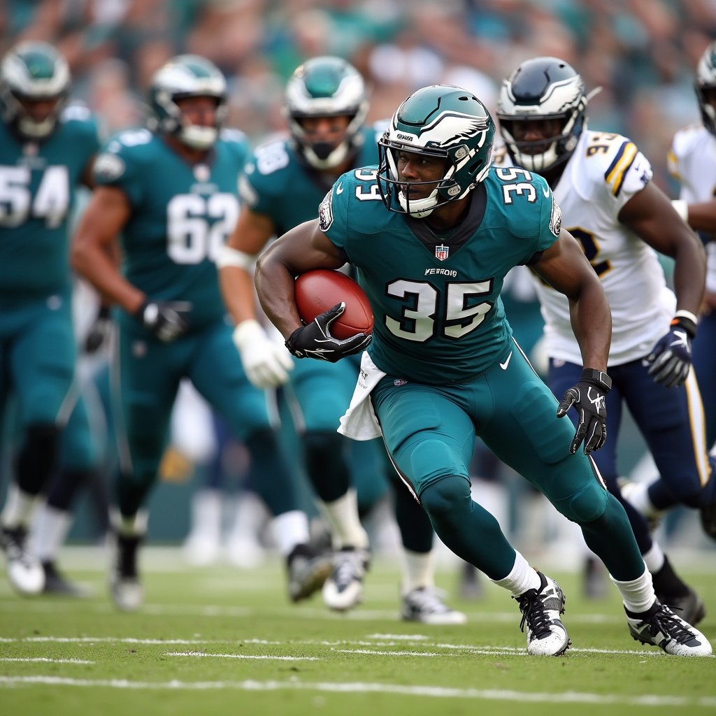 Dynamic action shot captures American football game scene. Athletes in blue and green jerseys showcase skill and strategy. Field filled with excitement and athleticism. Players focus on making strategic plays. Football action highlights intensity of the sport.