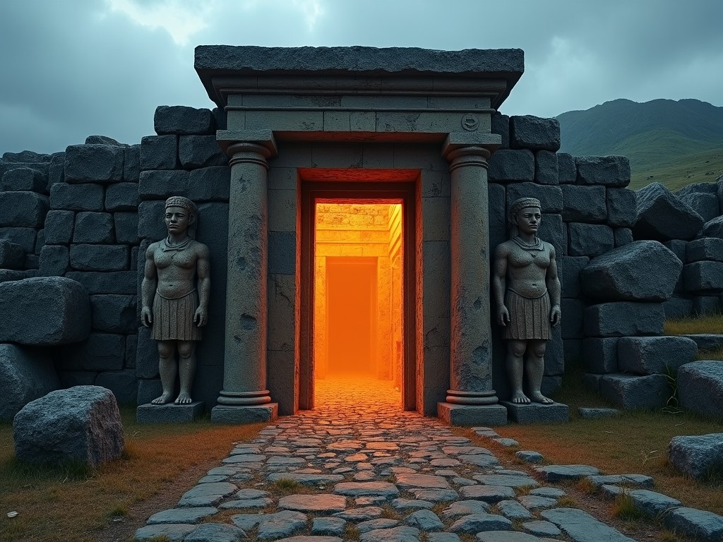 A mysterious ancient stone entrance is brightly illuminated by an eerie orange glow that beckons exploration. Flanking the entrance are large, stoic statues of figures from a lost civilization, adding a sense of history and mystery. The facade of the structure is adorned with intricate carvings that tell untold stories of the past. Above, the cloudy sky looms, creating a dramatic backdrop that enhances the site's foreboding atmosphere. This archaeological site urges viewers to ponder the mysteries held within its walls.