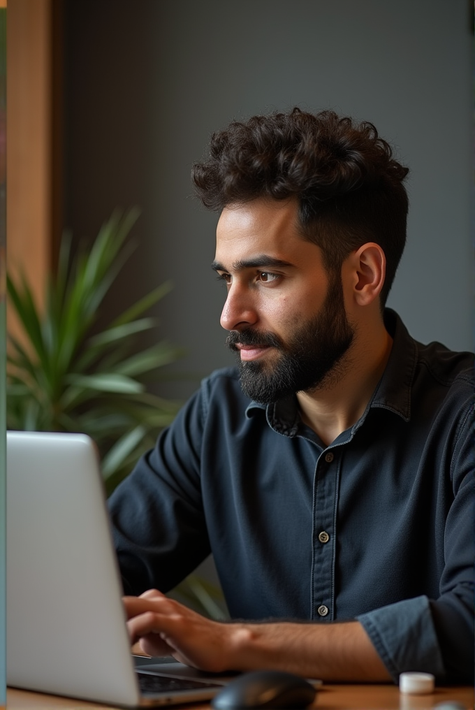 A man working intently on a laptop with a plant in the background.