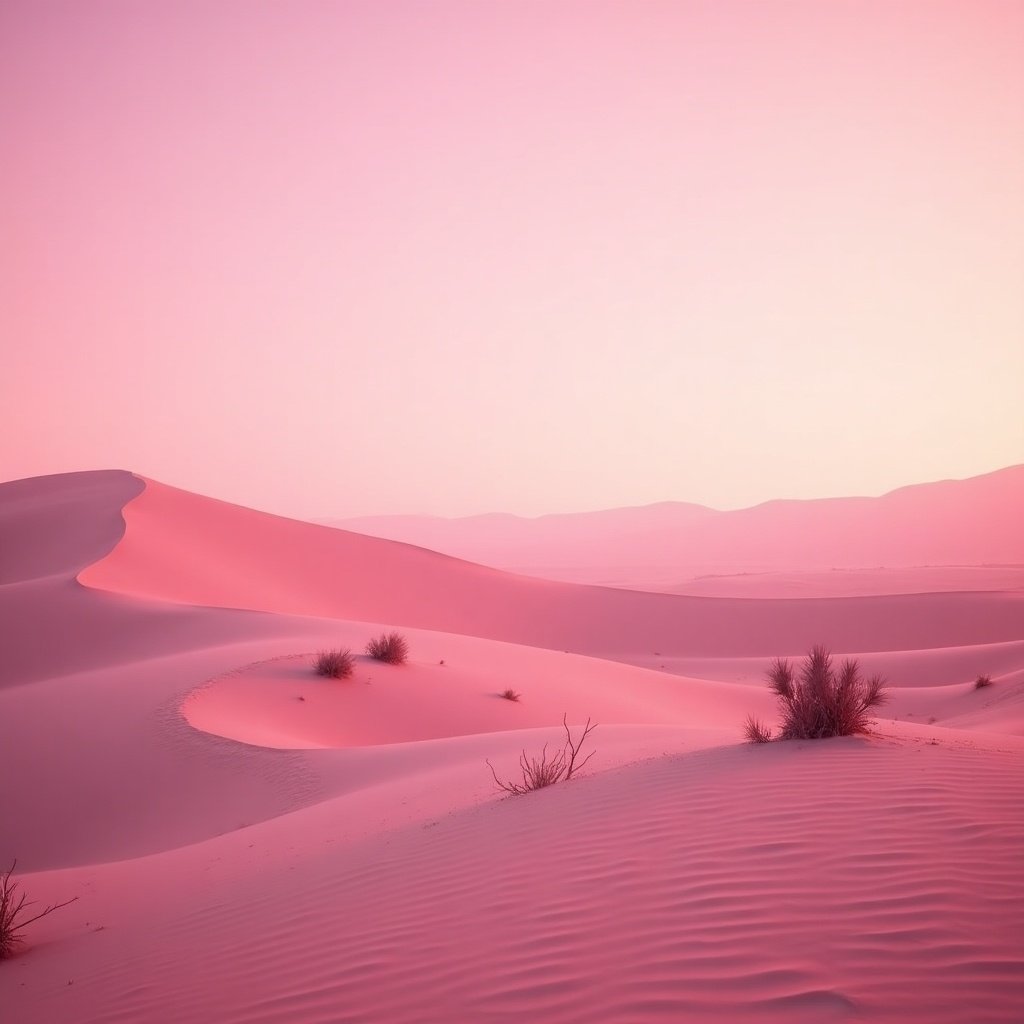 Desert landscape under pink light with soft lighting and smooth dunes. Calm atmosphere with minimal vegetation.