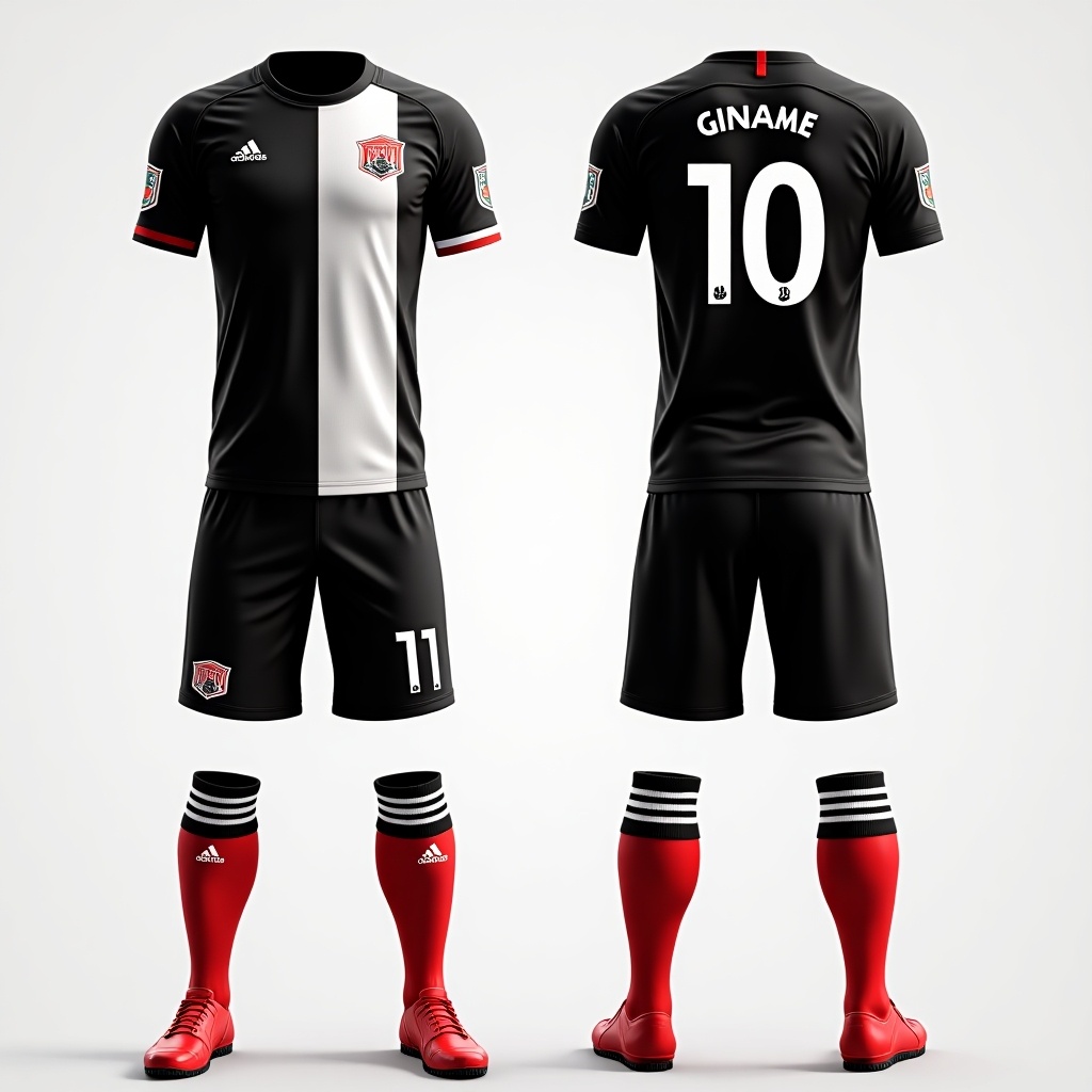 Design a football kit using black, white, red, and gray colors. Includes a club logo on the left chest. Player name and number on the back. Text WE ARE GINGA on the neck and sides of the pants.