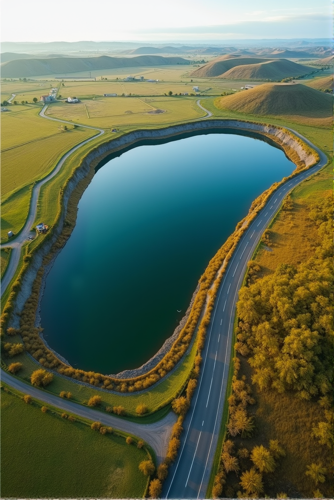 Aerial view of a calm, reflective lake surrounded by verdant fields and a winding road under a serene sunset sky.