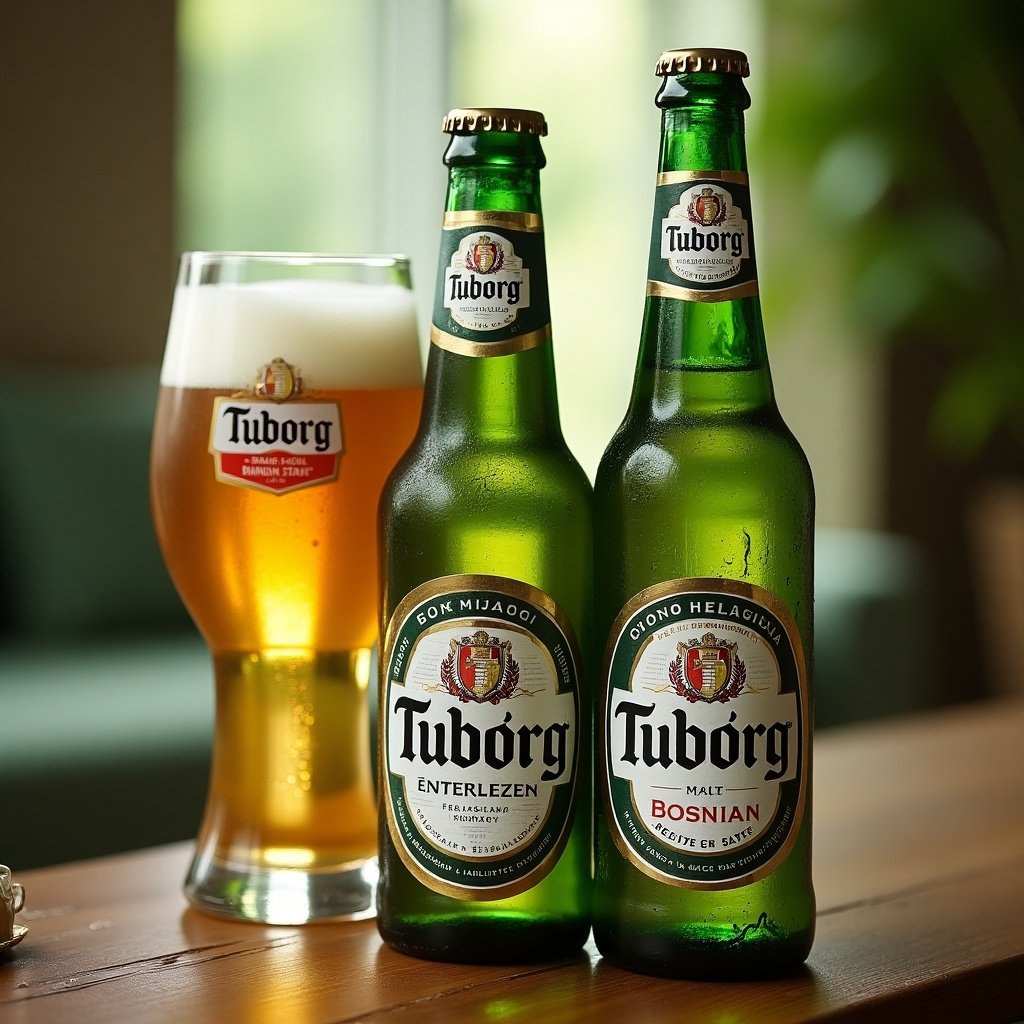 Two Tuborg beer bottles. One labeled Tuborg Enterlezen and the other Tuborg Malt Bosnian. A filled glass of Tuborg beer beside them. Set on a wooden table with soft background lighting.