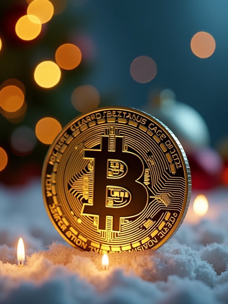 Photo of a Bitcoin token with a Christmas theme set on snowy surface with candles and festive lights in background.