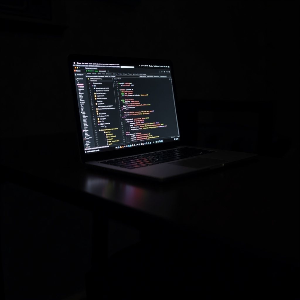 A laptop sits on a dark wooden table, its screen filled with colorful programming code. The dim light casts a soft glow, illuminating the keyboard and the surrounding area. This scene captures the essence of late-night coding sessions. The colors of the code stand out against the dark background, drawing the viewer’s attention. It's a perfect representation of creativity and problem-solving in the tech world.