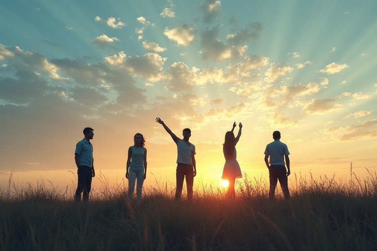 Five individuals standing in grass during sunset. They are silhouetted with their arms raised. A warm atmosphere surrounds them. The sky features soft clouds and radiant sunlight.