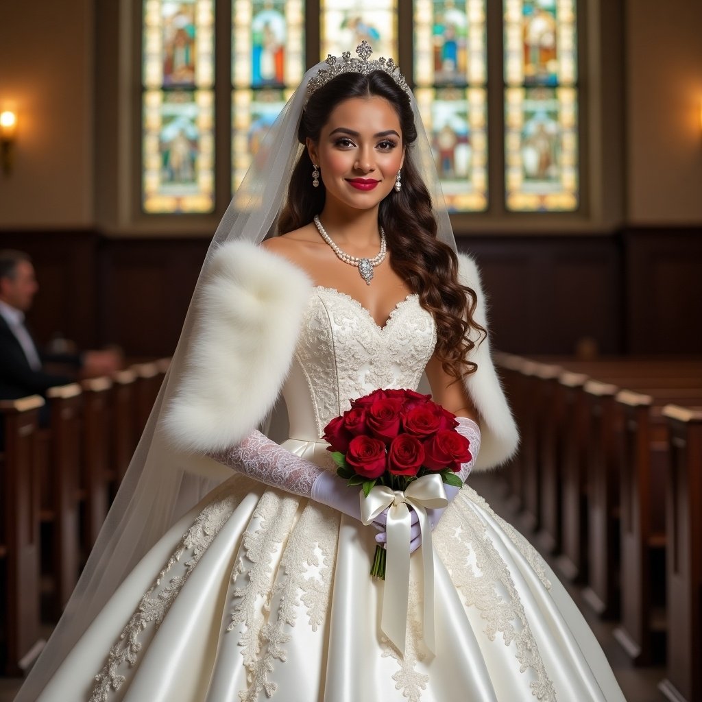 A young brides in an elegant wedding dress with a princess-style crinoline hoop skirt featuring scalloped lace overlay. The dress includes intricate embroidery and a dramatic train. She wears long white gloves and pearl accessories. Her hairstyle includes long curly brown hair styled in an updo with a crown and a lace veil. The bride is in a church aisle with stained glass windows and holds a bouquet of red roses with satin ribbons. The scene conveys elegance and romanticism.