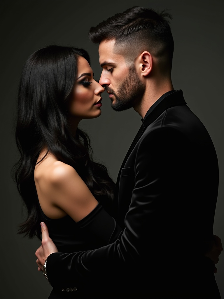 A couple is embracing closely. The woman has long dark hair and dramatic makeup. The man has a rugged appearance with short hair. Both are wearing elegant black attire. The image conveys sophistication and allure.