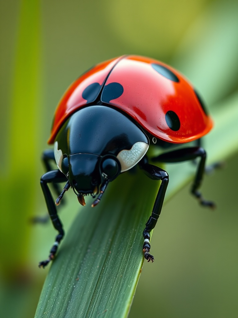 A striking close-up of a ladybug perched on a slender leaf, showcasing its vivid red shell adorned with black spots. The image captures the intricate details of the ladybug's body, highlighting the intricate textures and colors. A blurred green background adds depth and contrast, making the ladybug the focal point.