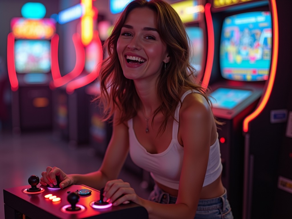 This vibrant photograph captures a young woman gleefully engaging with an arcade game in a dimly lit gaming zone. The warm, neon glow from the surrounding game machines illuminates her delight and accentuates the nostalgic atmosphere of a classic arcade. Her bright smile reflects the carefree joy of gaming, evoking a sense of youthful excitement.