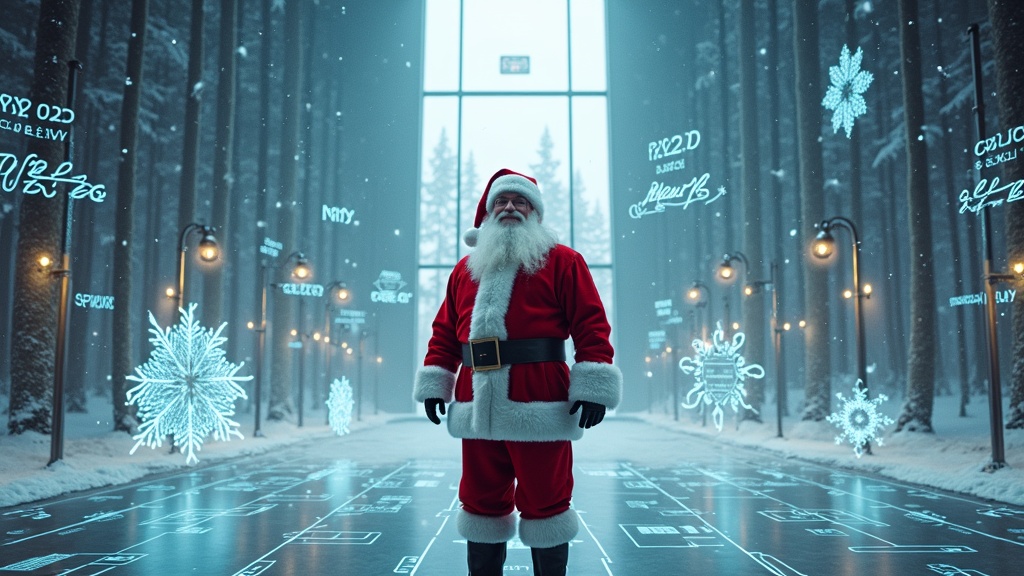 Cinematic image of Santa Claus in a futuristic room. Santa looks at the camera. The room has holographic designs. Openings show woods and sky. Wide shot around Santa includes glowing models and text messages. Hiperealistic style.